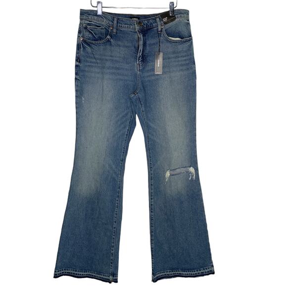 Express 14 NEW Womens Mid Rise Medium Wash '70s Flare Jeans Distressed - Picture 1 of 11